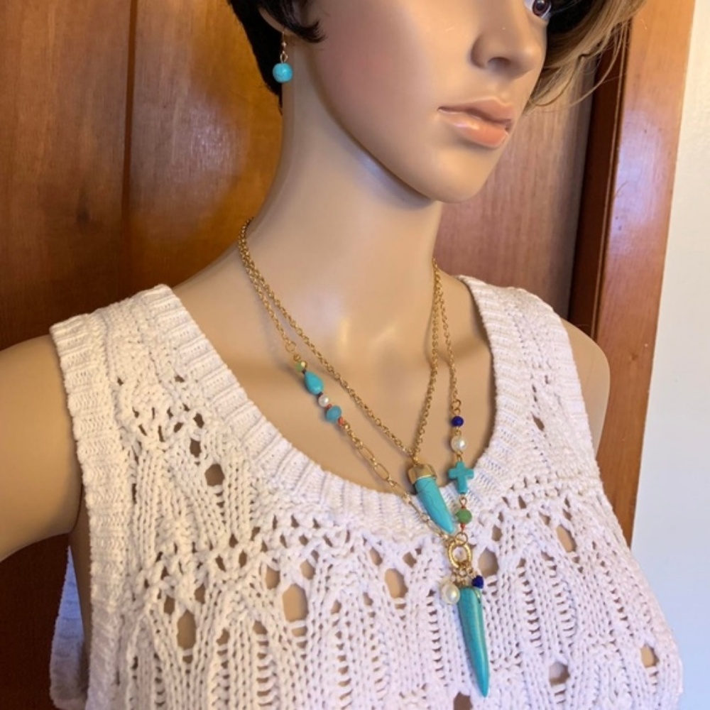 Turquoise Double Layer Necklace and Earring Set